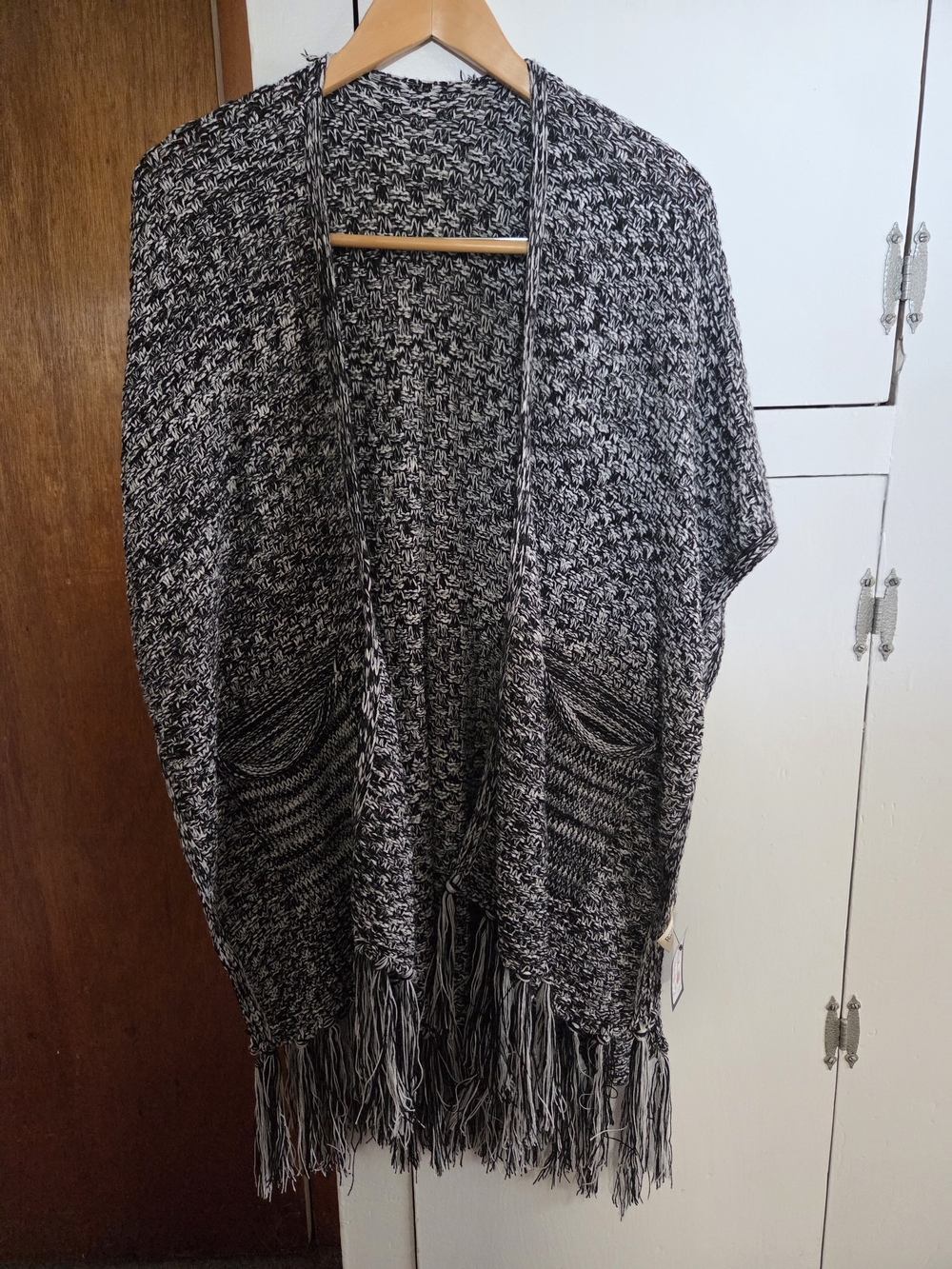 Black & White Fringe Open-Front Knit Poncho with Pockets